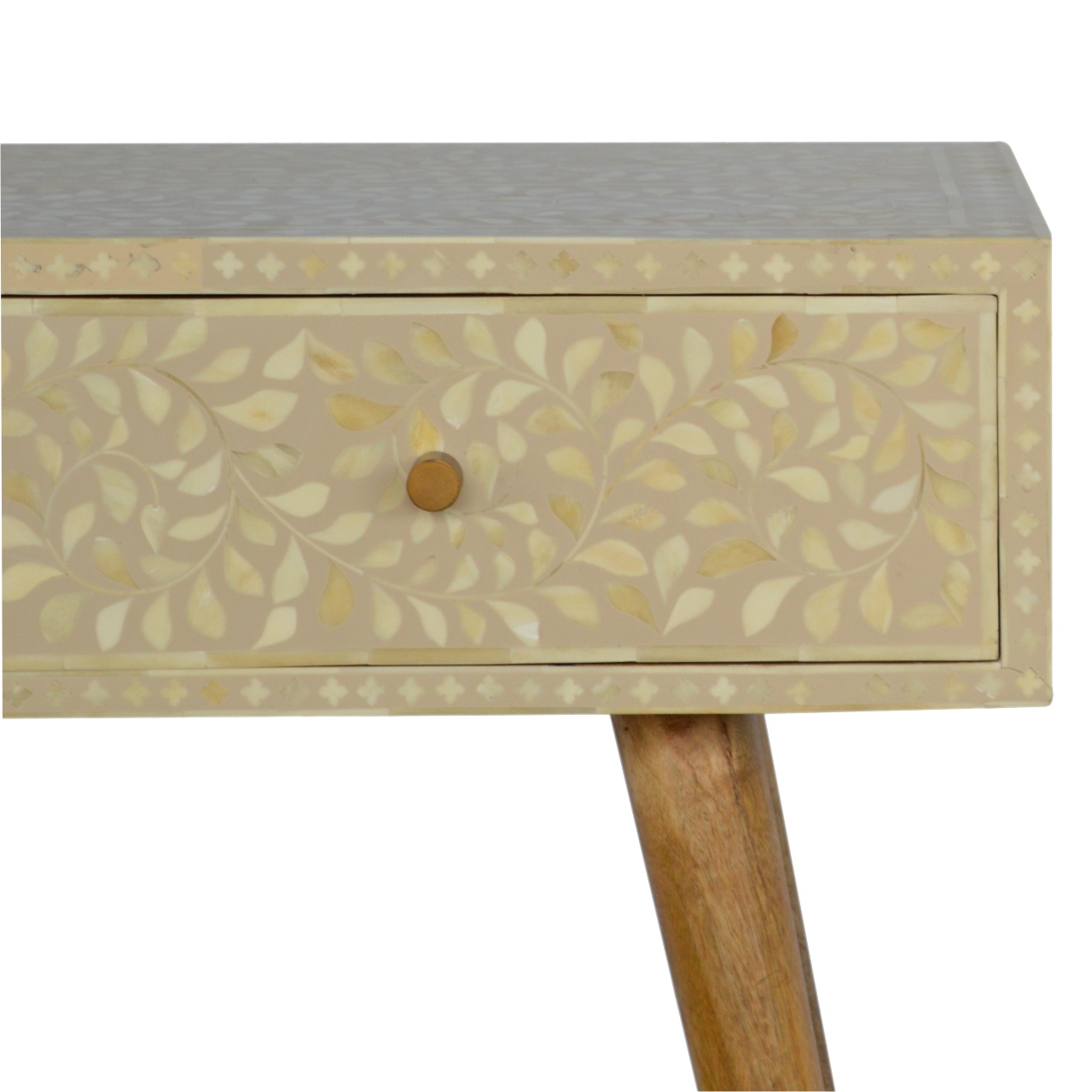 Solid Mango Wood Oak Finished 2 Drawer Floral Bone Inlay Console Table - Image 7