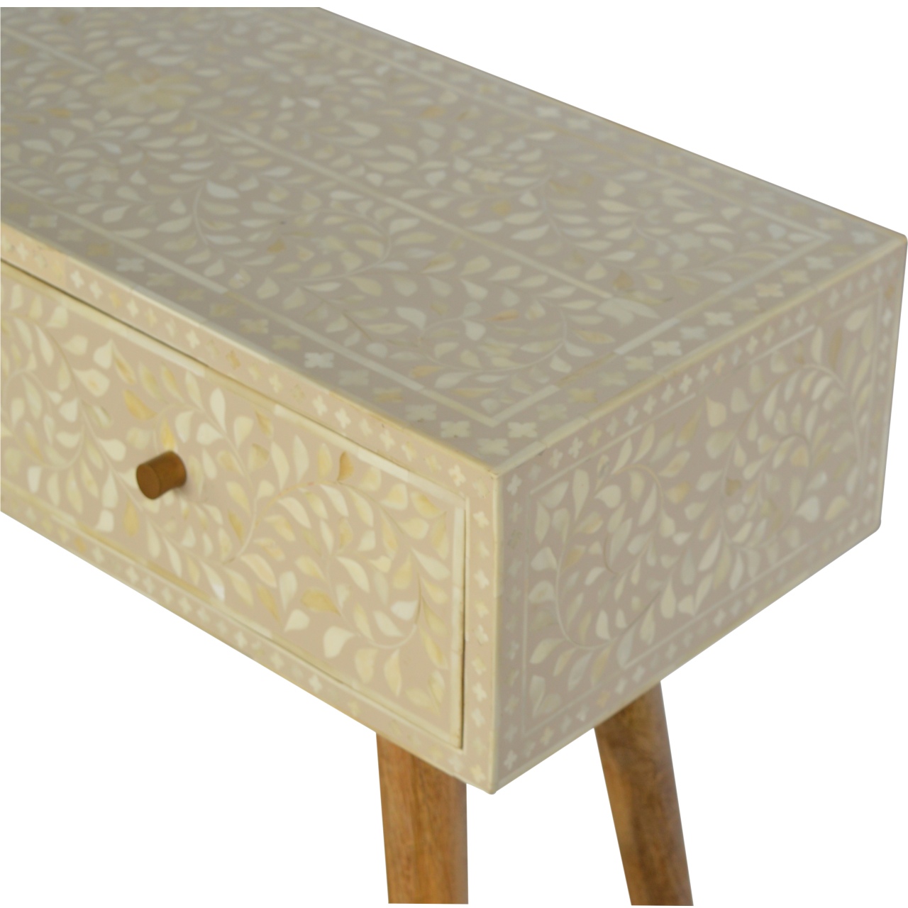 Solid Mango Wood Oak Finished 2 Drawer Floral Bone Inlay Console Table - Image 4