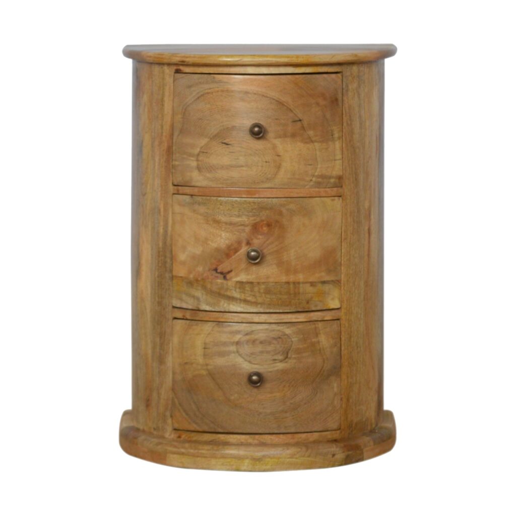 Solid Mango Wood Oak Finished 3 Drawer Serpentine Drum Chest
