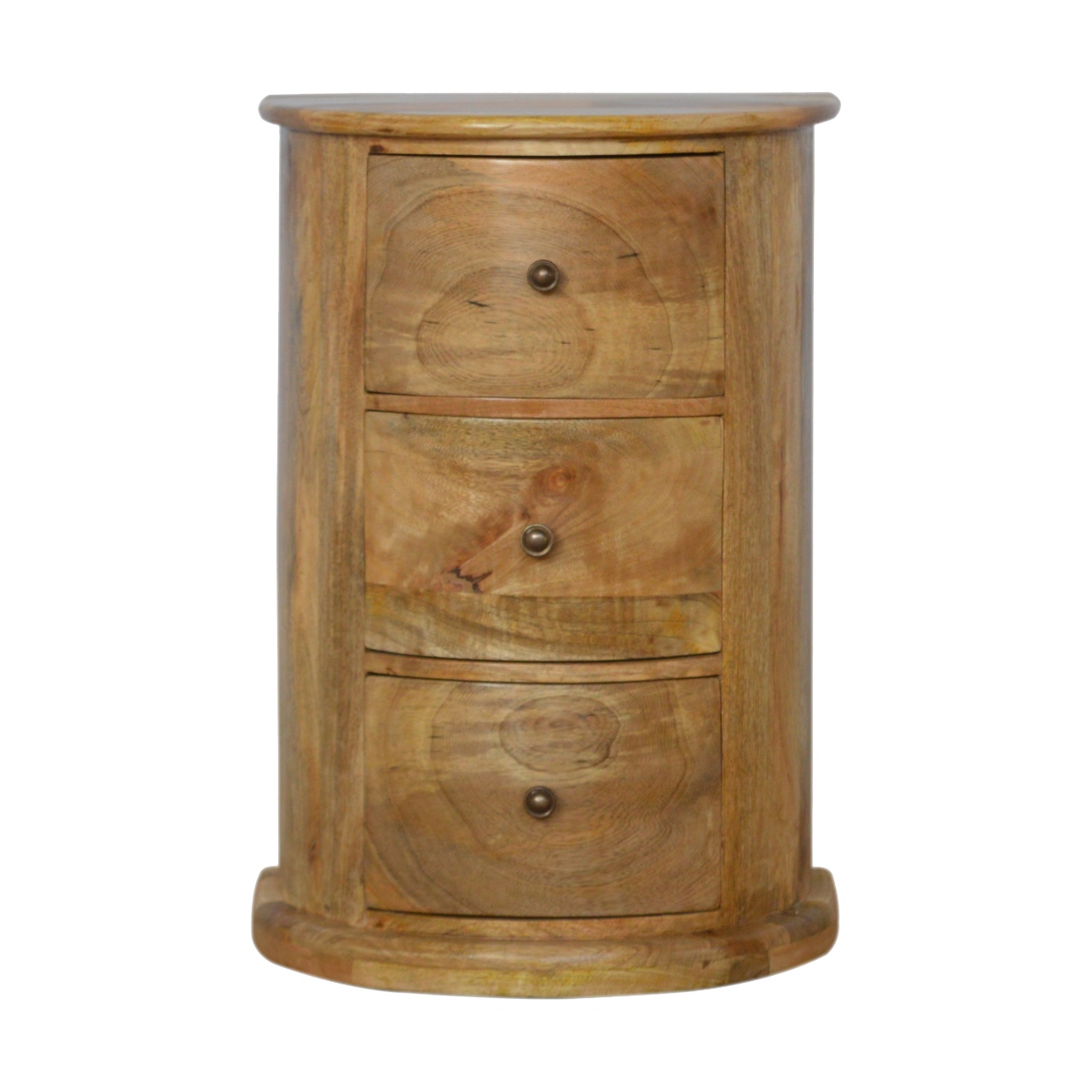 Solid Mango Wood Oak Finished 3 Drawer Serpentine Drum Chest