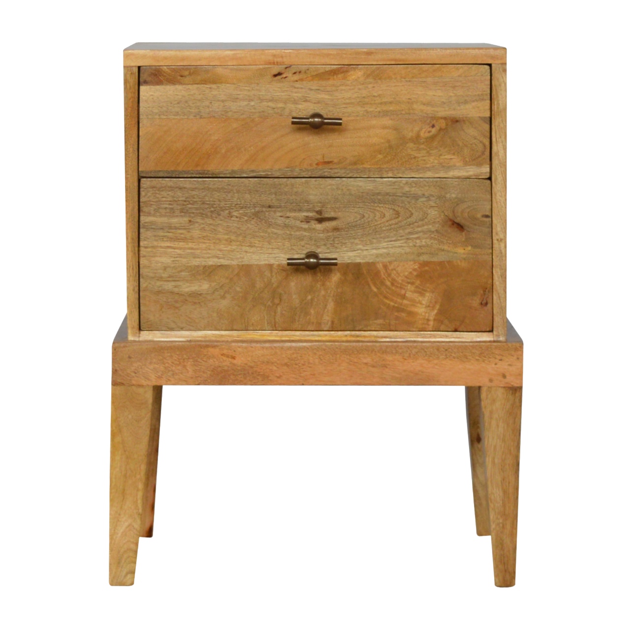 Solid Mango Wood Oak Finished 2 Drawer Bedside with T-Bar Knobs