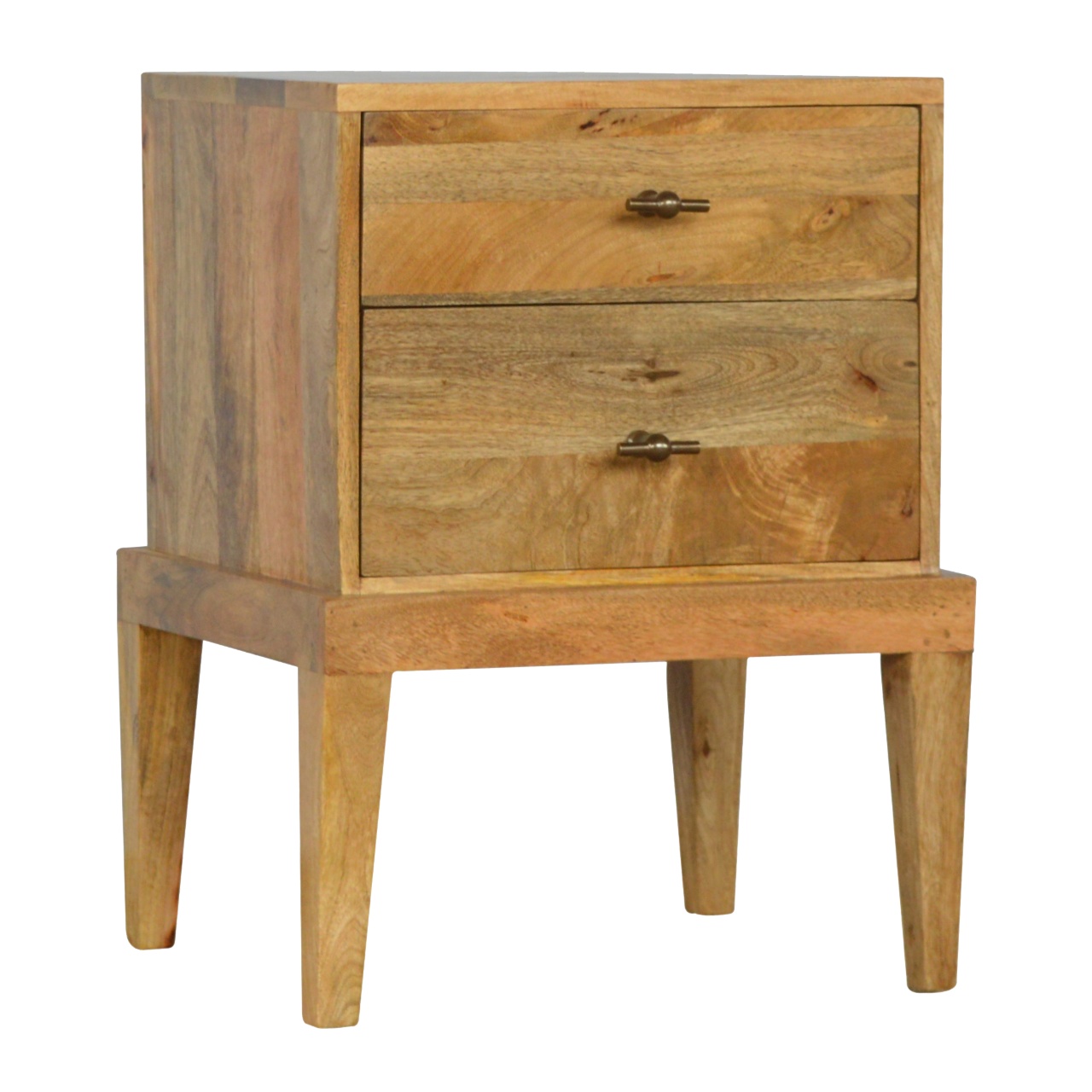 Solid Mango Wood Oak Finished 2 Drawer Bedside with T-Bar Knobs - Image 2