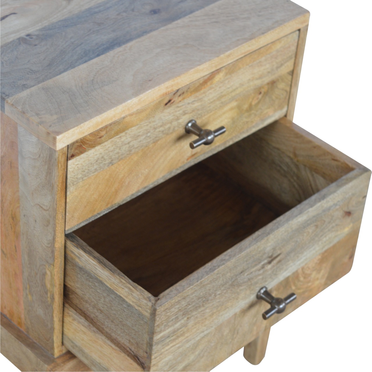 Solid Mango Wood Oak Finished 2 Drawer Bedside with T-Bar Knobs - Image 6