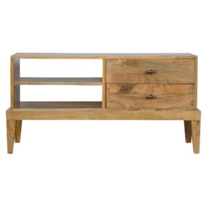 Solid Mango Wood Oak Finished 2 Drawer T-Bar Media Unit