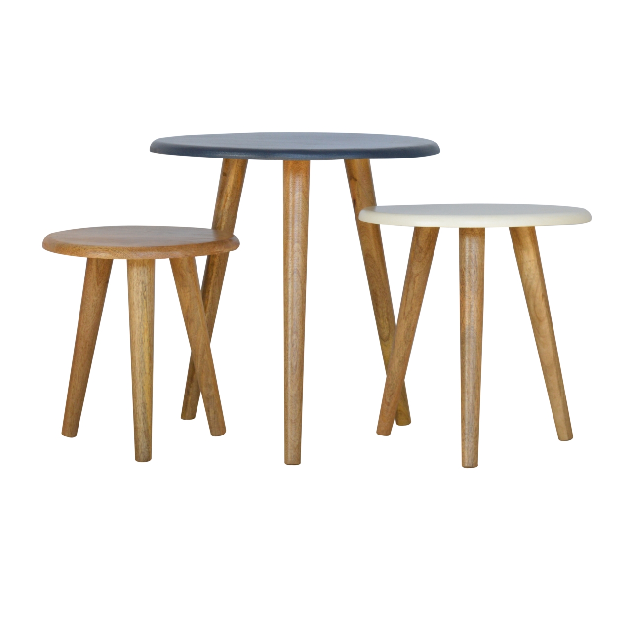 Solid Mango Wood Oak Finished Set of 3 Nordic Stools - Image 3