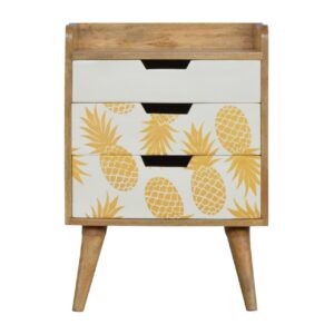 Solid Mango Wood Oak Finished 3 Drawer Pineapple Screen Printed Bedside