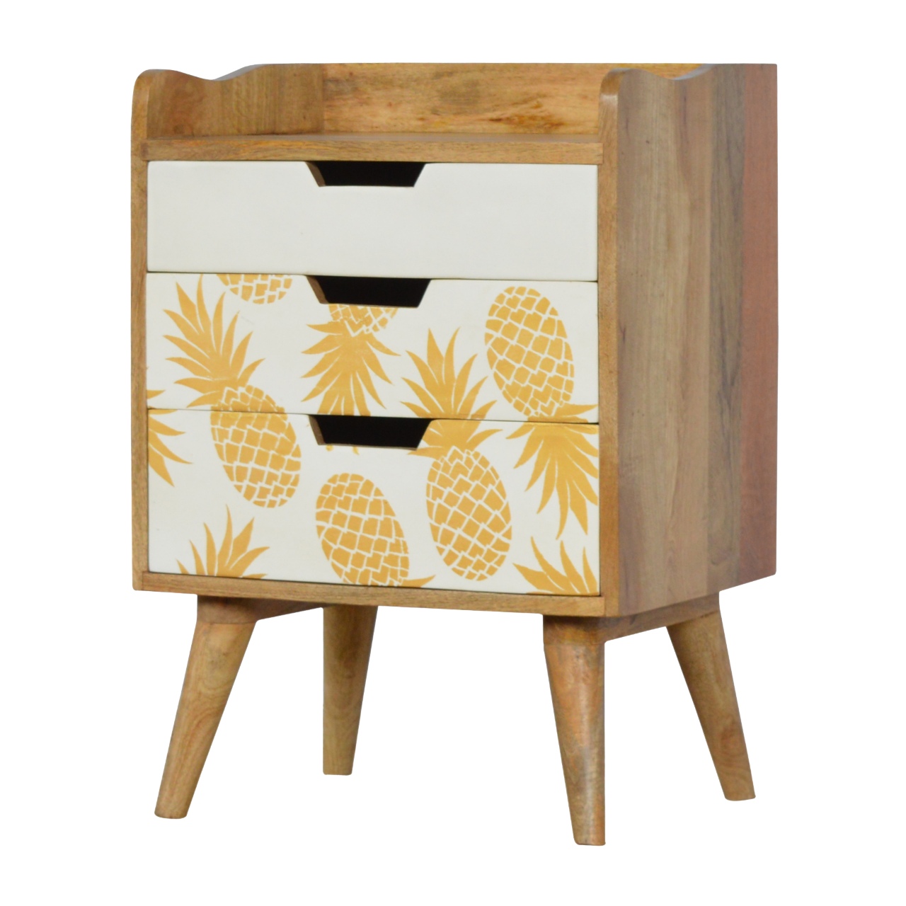 Solid Mango Wood Oak Finished 3 Drawer Pineapple Screen Printed Bedside - Image 2