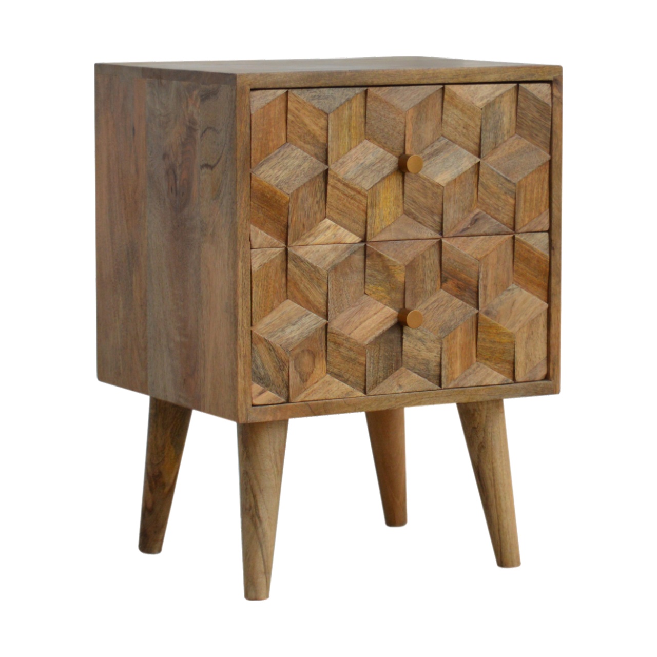 Solid Mango Wood Oak Finished Cube Carved 2 Drawer Bedside - Image 2