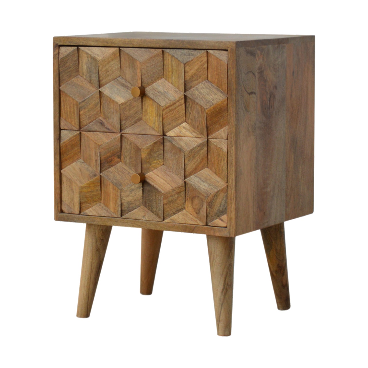 Solid Mango Wood Oak Finished Cube Carved 2 Drawer Bedside