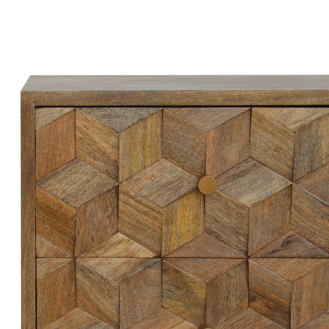 Solid Mango Wood Oak Finished Cube Carved 2 Drawer Bedside - Image 4