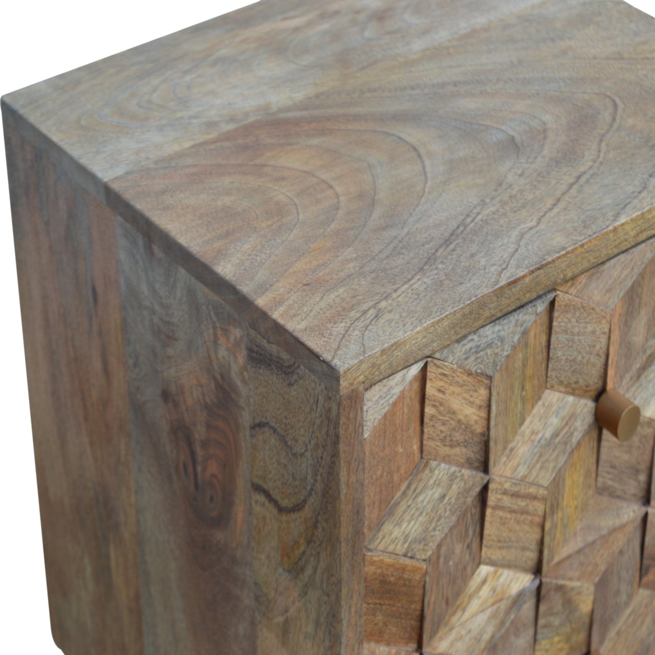 Solid Mango Wood Oak Finished Cube Carved 2 Drawer Bedside - Image 6