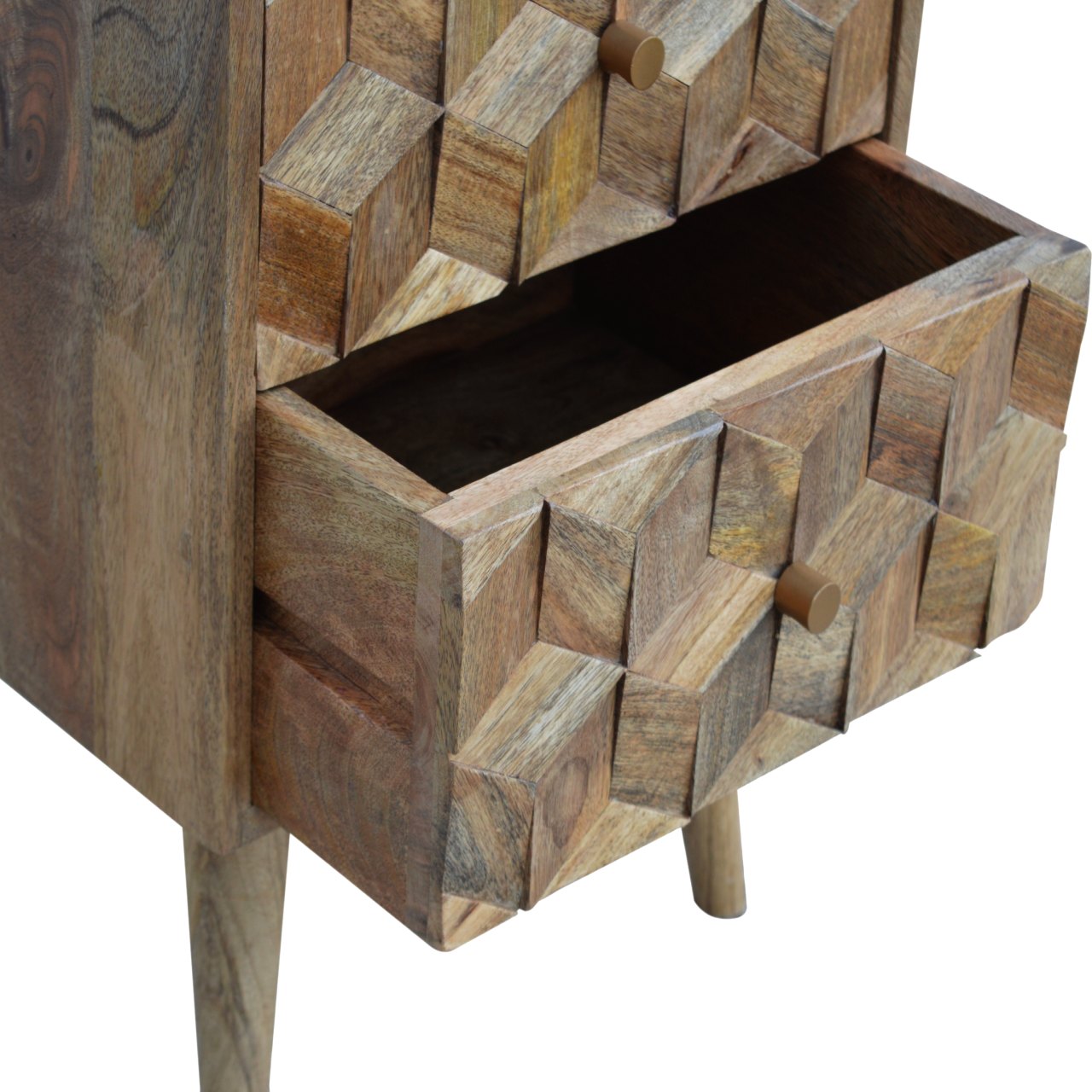 Solid Mango Wood Oak Finished Cube Carved 2 Drawer Bedside - Image 3