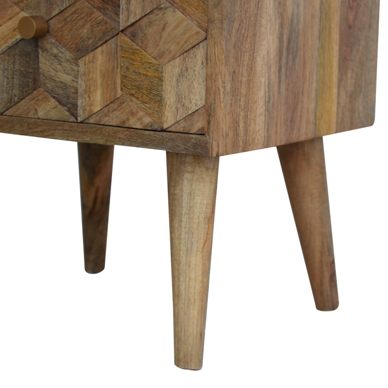 Solid Mango Wood Oak Finished Cube Carved 2 Drawer Bedside - Image 5