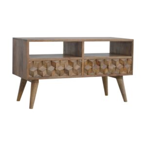 Solid Mango Wood Oak Finished 2 Drawer Cube Carved TV Unit