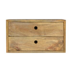Solid Mango Wood Oak Finished 2 Drawer Wall Mounted Bedside
