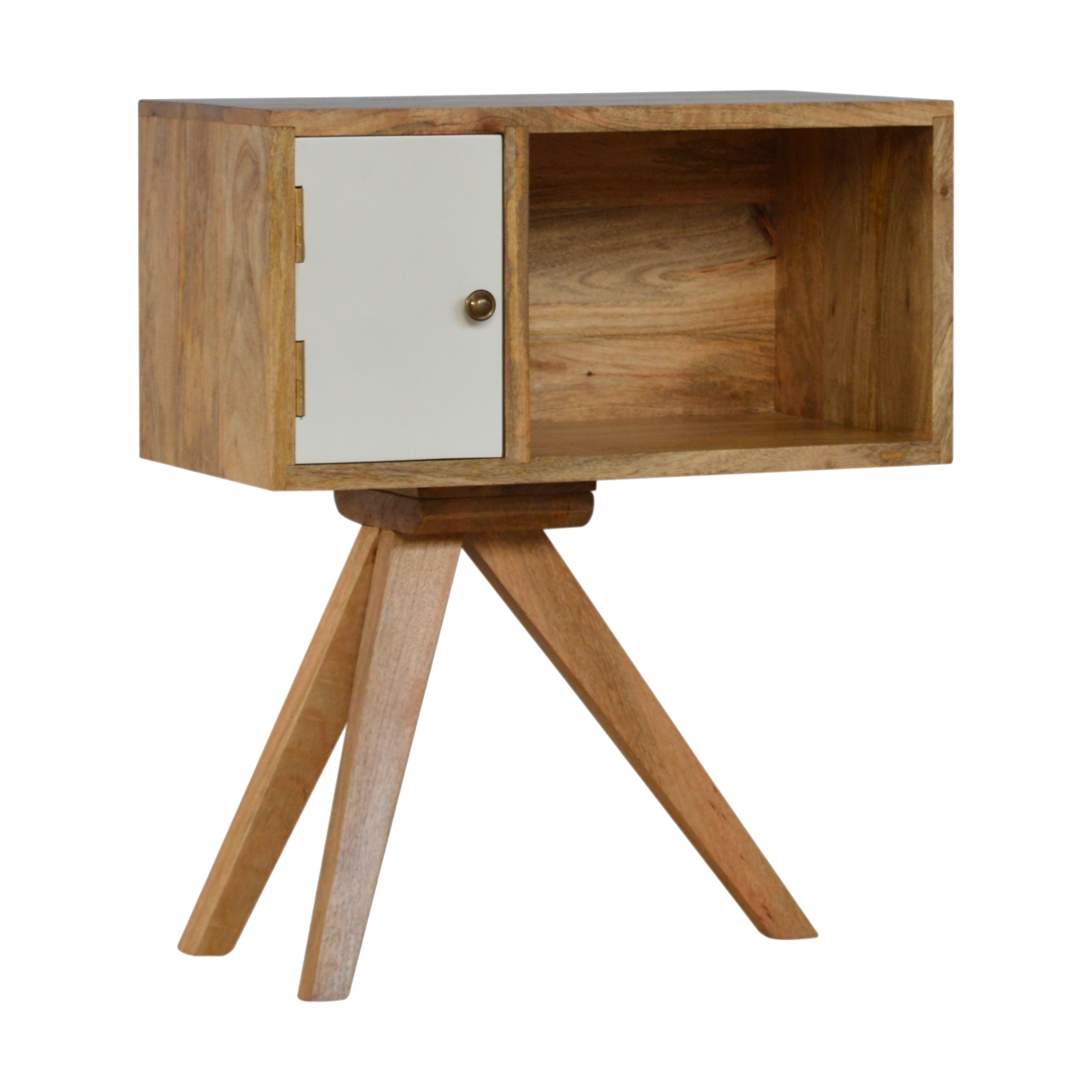 Solid Mango Wood Oak Finished Hand Painted 1 Door Tripod Bedside