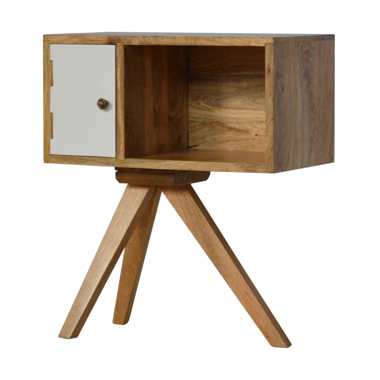 Solid Mango Wood Oak Finished Hand Painted 1 Door Tripod Bedside - Image 2