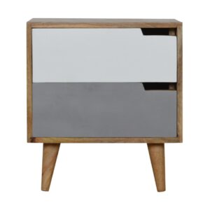 Solid Mango Wood Oak Finished 2 Drawer Hand Painted Grey and White Cut-Out Bedside