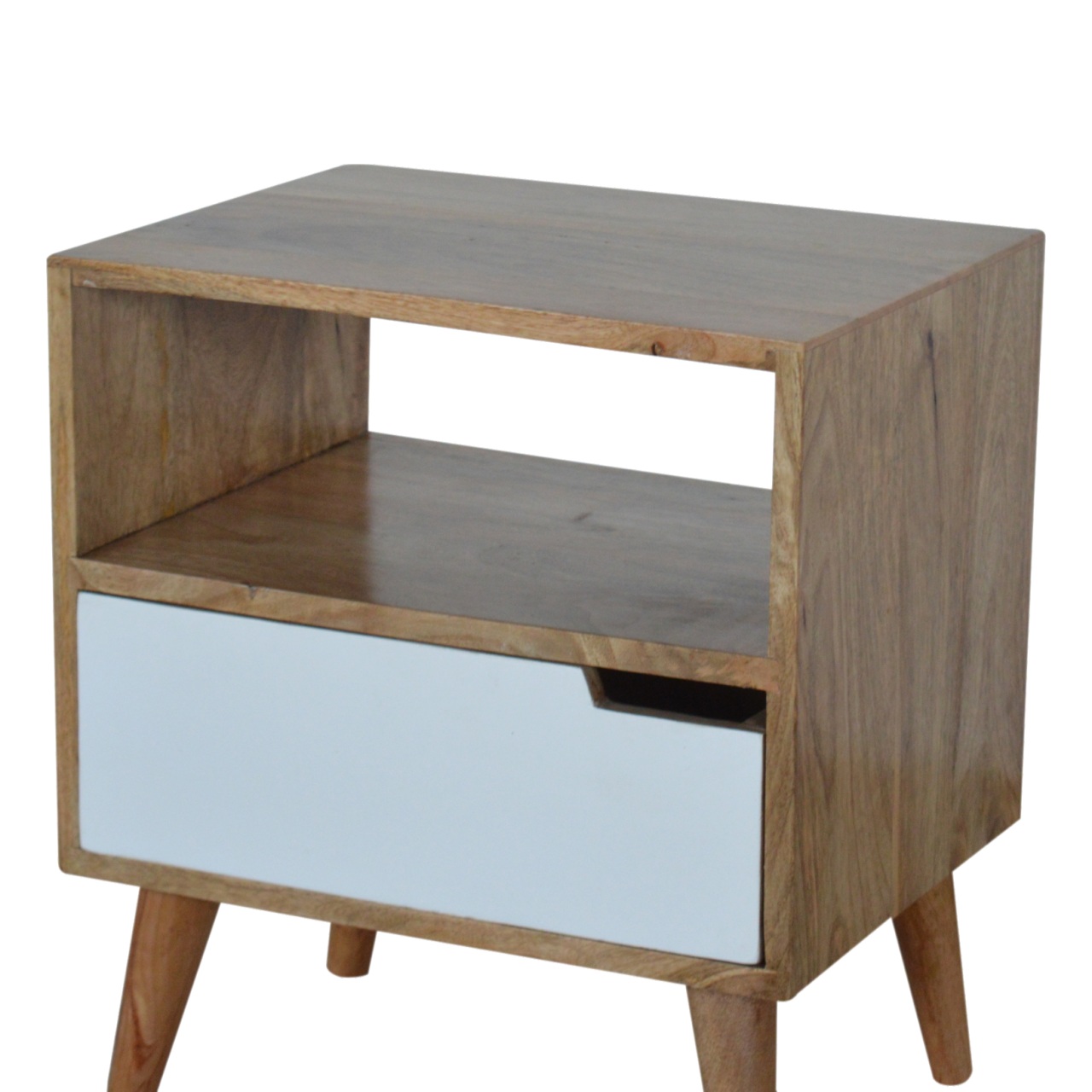 Solid Mango Wood Oak Finished 1 White Painted Drawer Open Slot Bedside - Image 2