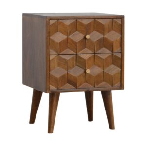 Solid Mango Wood Chestnut Finished Cube Curved 2 Drawer Bedside