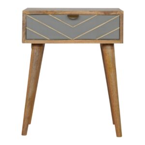 Solid Mango Wood Oak Finished 1 Drawer Sleek Cement Brass Inlay Bedside