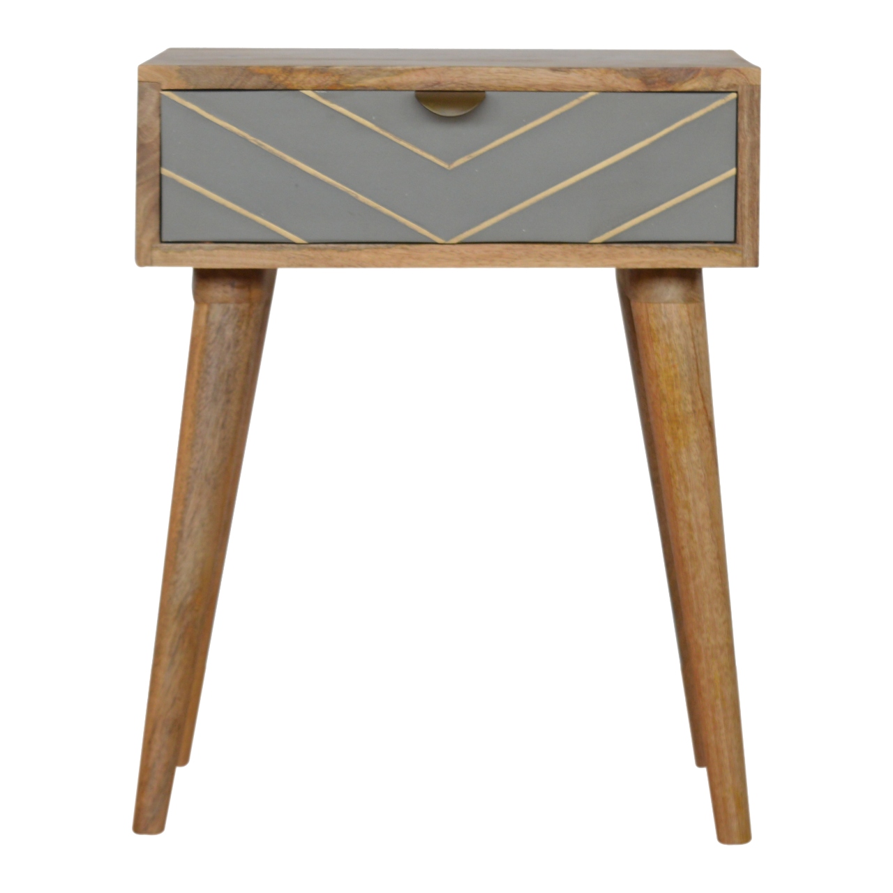 Solid Mango Wood Oak Finished 1 Drawer Sleek Cement Brass Inlay Bedside