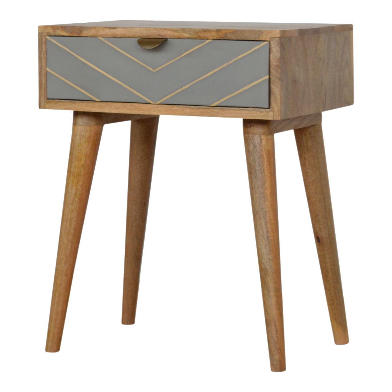 Solid Mango Wood Oak Finished 1 Drawer Sleek Cement Brass Inlay Bedside - Image 2