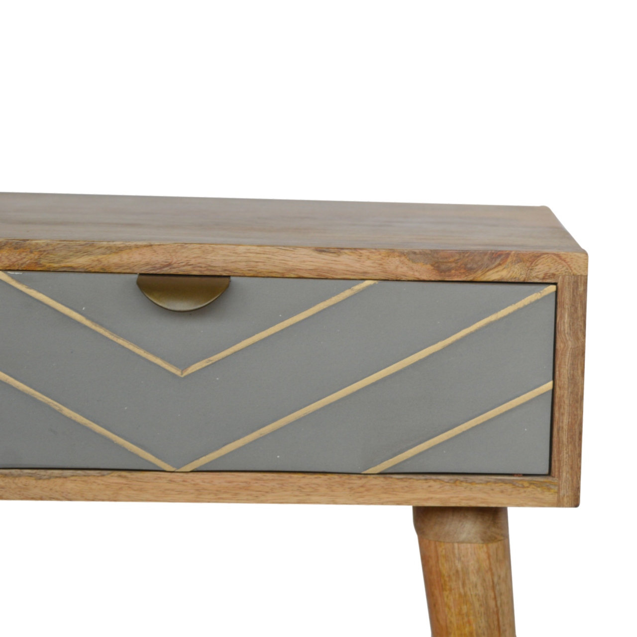 Solid Mango Wood Oak Finished 1 Drawer Sleek Cement Brass Inlay Bedside - Image 7