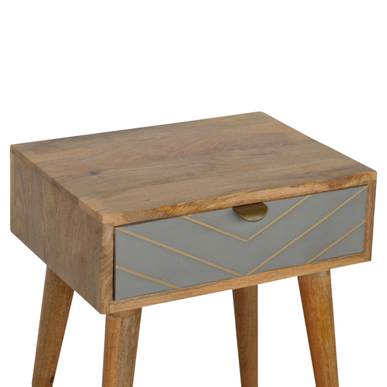 Solid Mango Wood Oak Finished 1 Drawer Sleek Cement Brass Inlay Bedside - Image 6