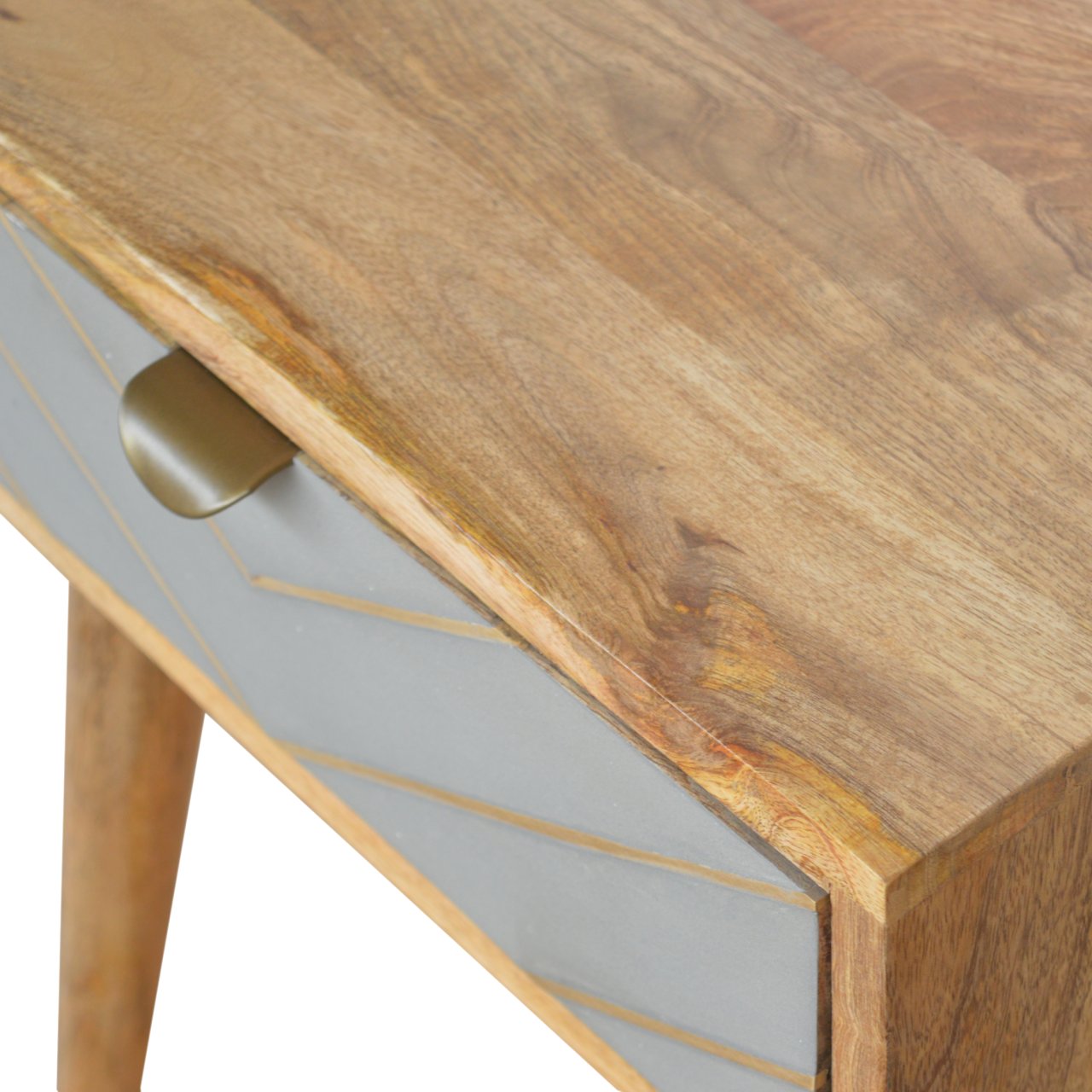 Solid Mango Wood Oak Finished 1 Drawer Sleek Cement Brass Inlay Bedside - Image 4