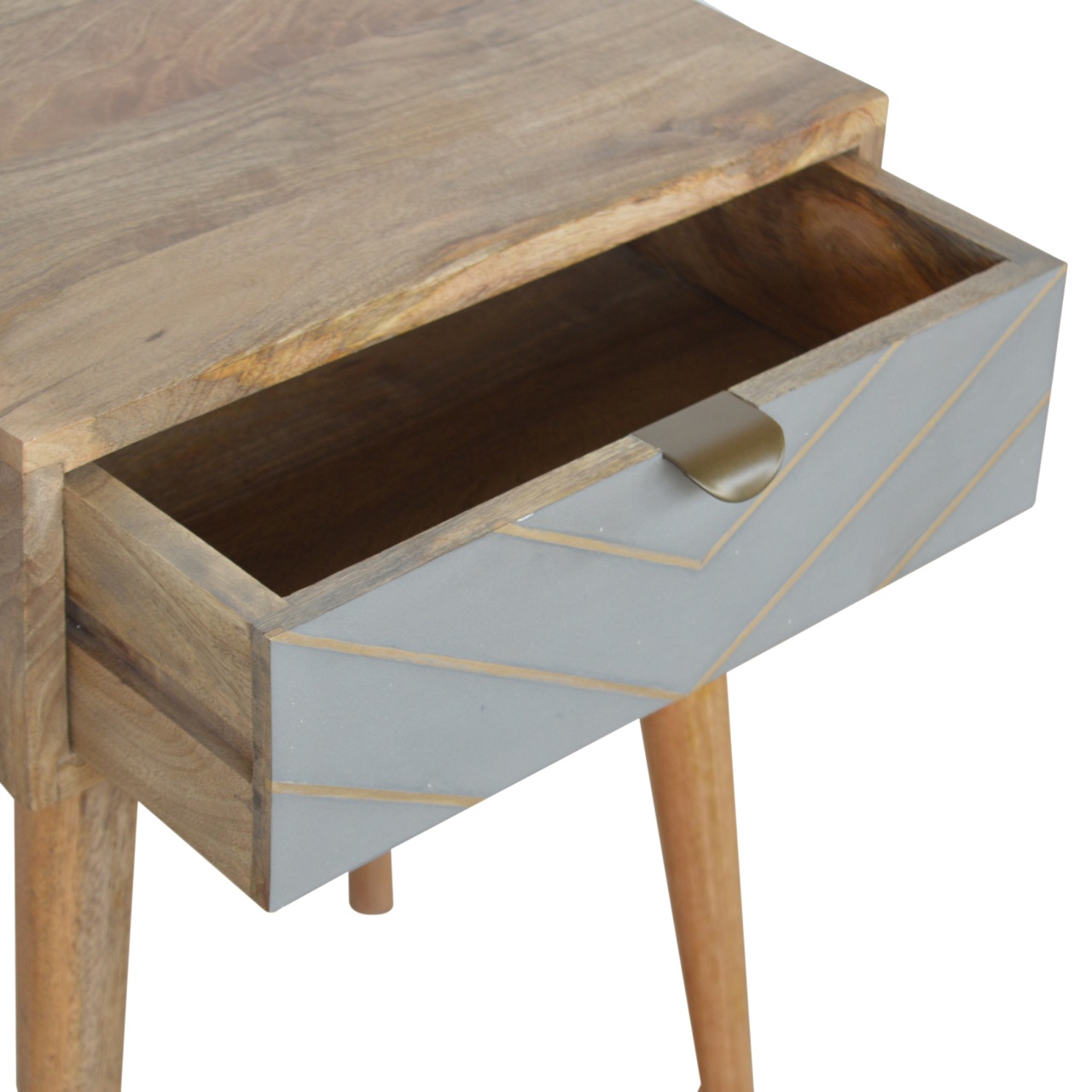 Solid Mango Wood Oak Finished 1 Drawer Sleek Cement Brass Inlay Bedside - Image 3