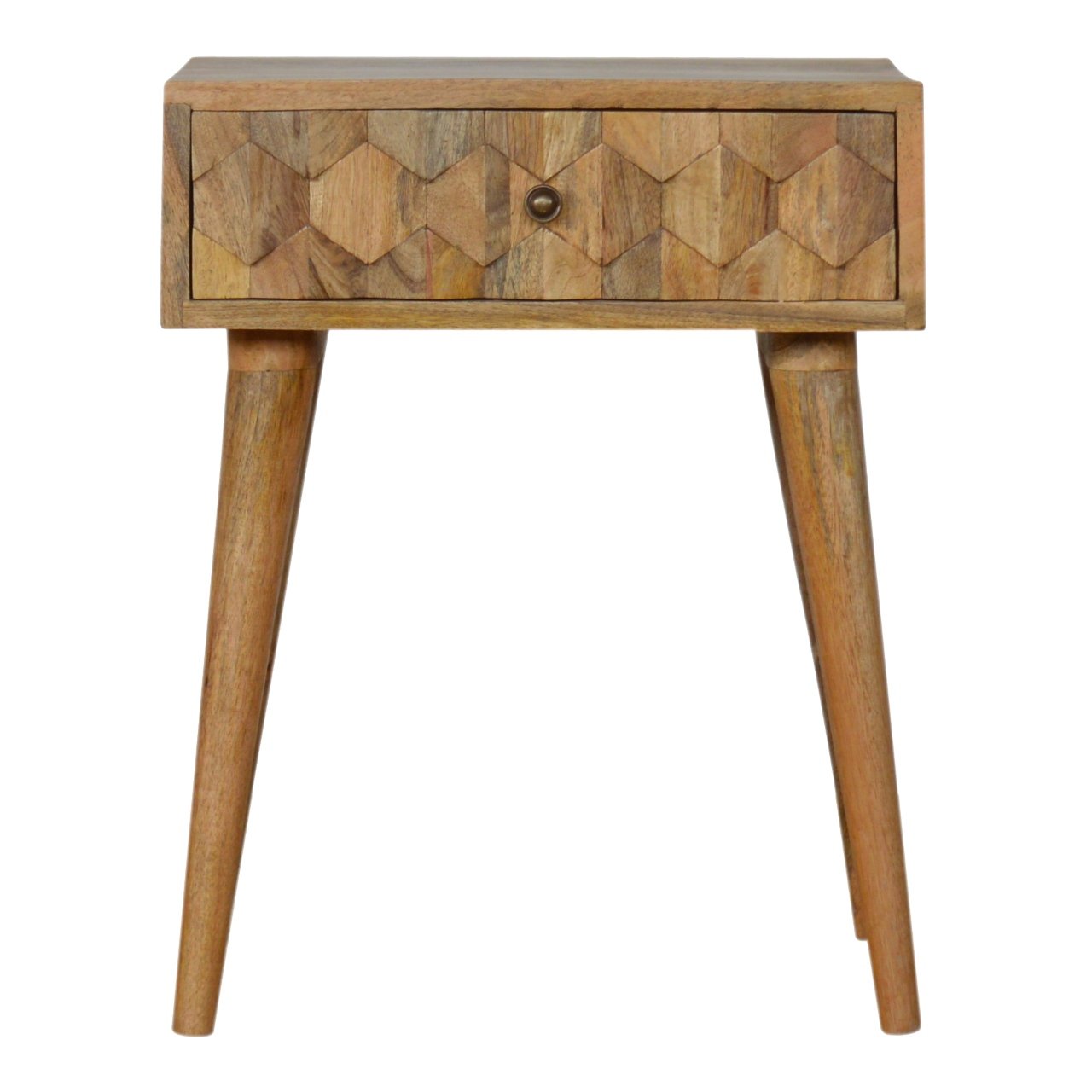 Solid Mango Wood Oak Finished 1 Drawer Pineapple Carved Oak Finished Bedside