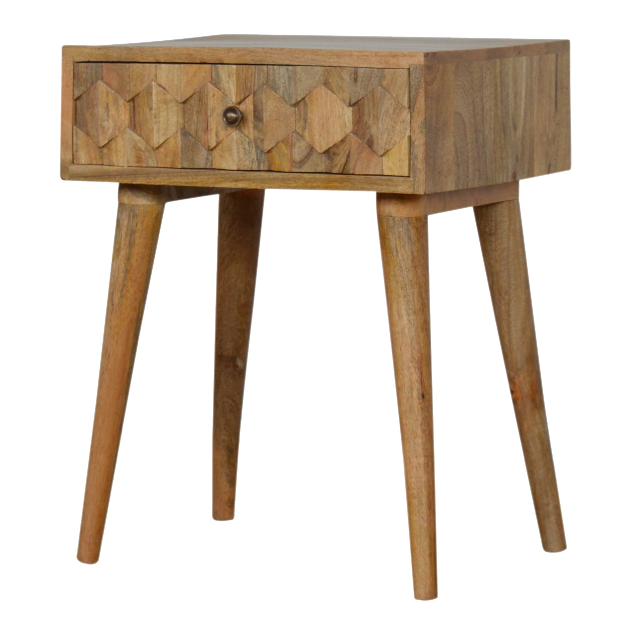 Solid Mango Wood Oak Finished 1 Drawer Pineapple Carved Oak Finished Bedside - Image 3