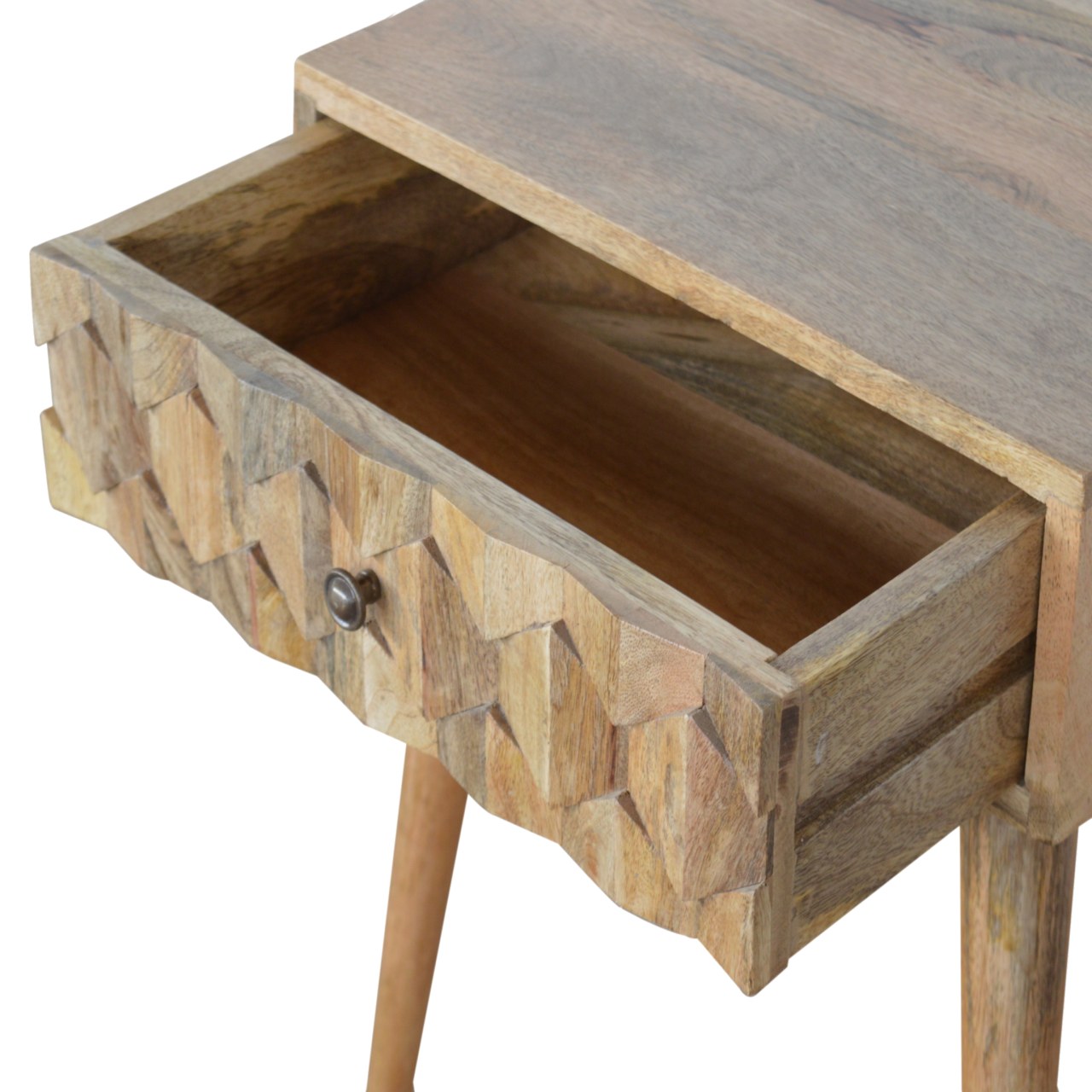 Solid Mango Wood Oak Finished 1 Drawer Pineapple Carved Oak Finished Bedside - Image 5