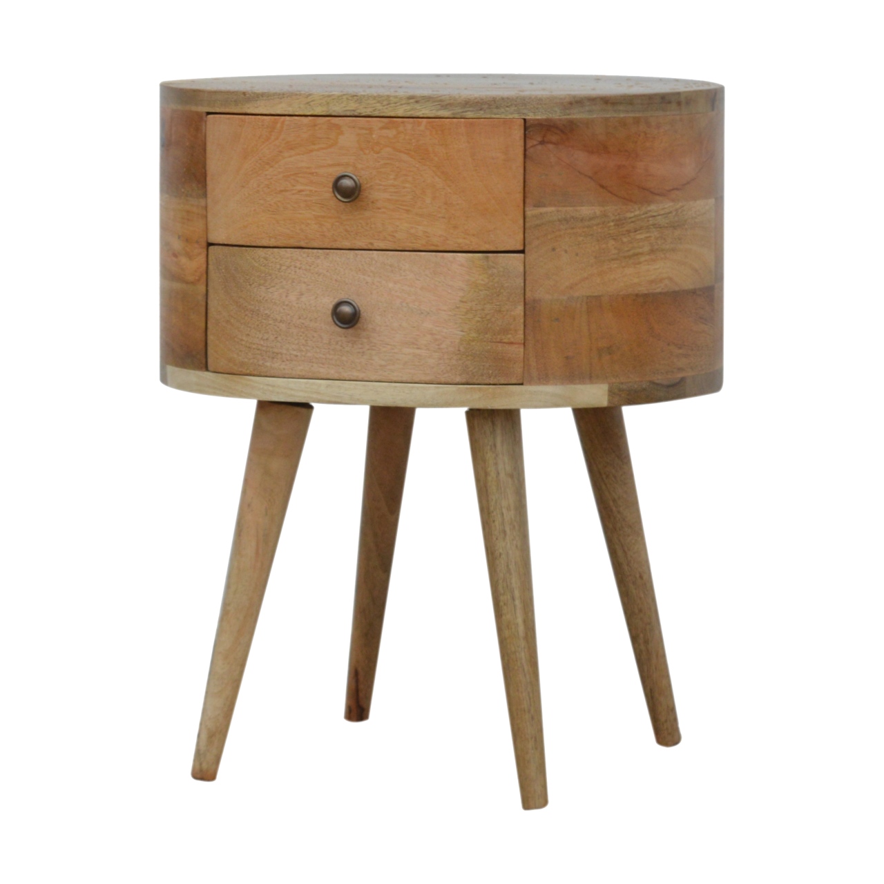 Solid Mango Wood Oak Finished Rounded Bedside Table - Image 2