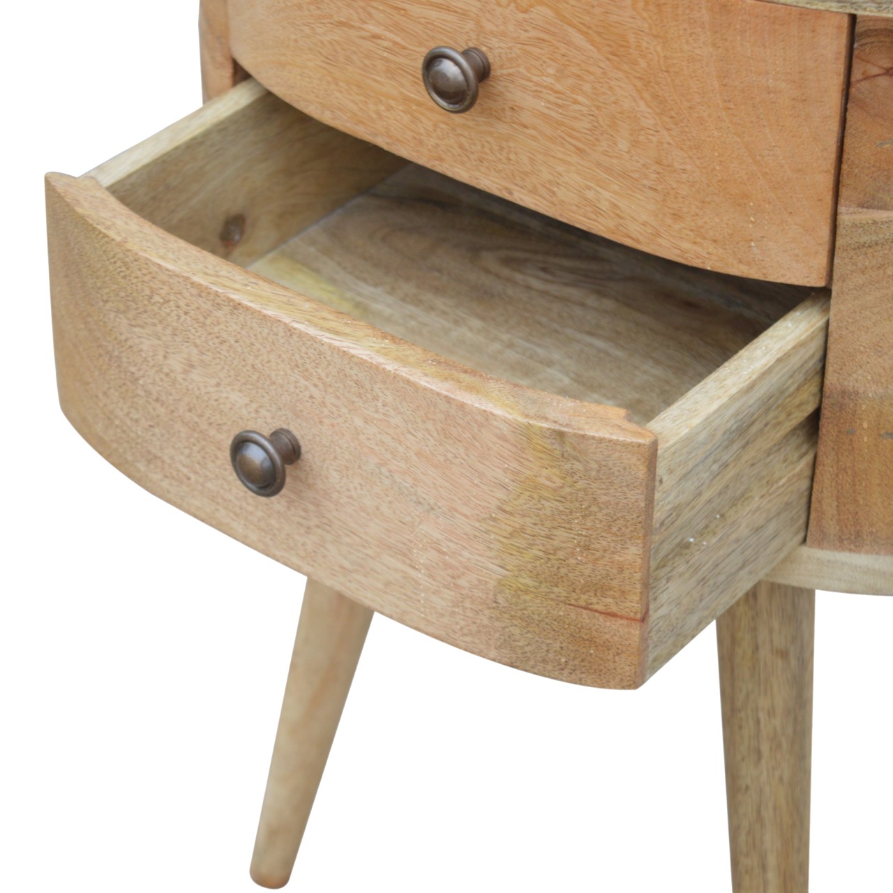 Solid Mango Wood Oak Finished Rounded Bedside Table - Image 6