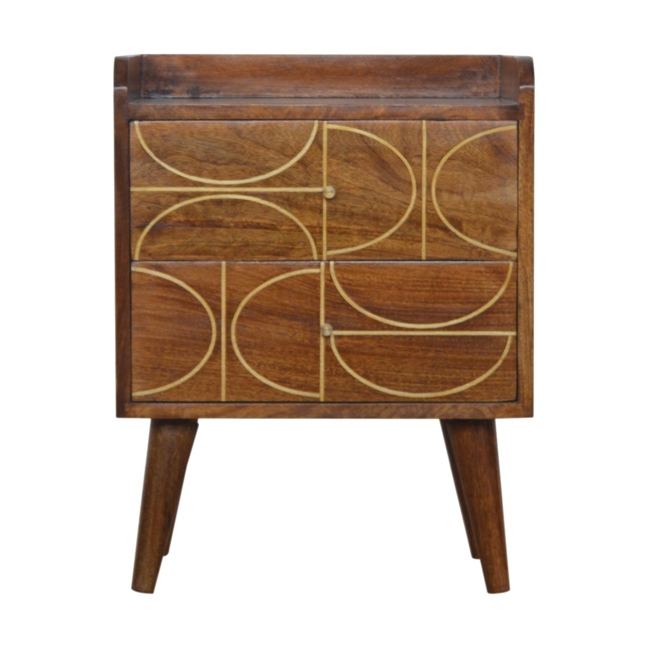Solid Mango Wood Chestnut Finished 2 Drawer Inlay Abstract Bedside