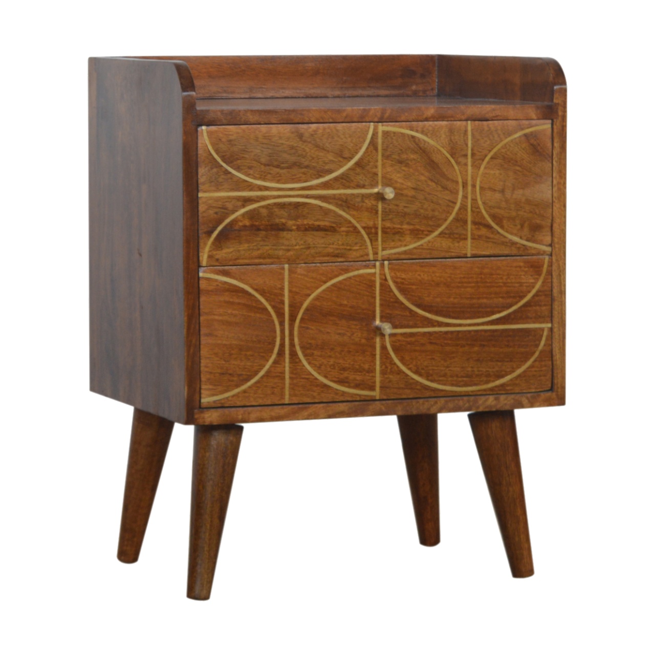 Solid Mango Wood Chestnut Finished 2 Drawer Inlay Abstract Bedside - Image 3