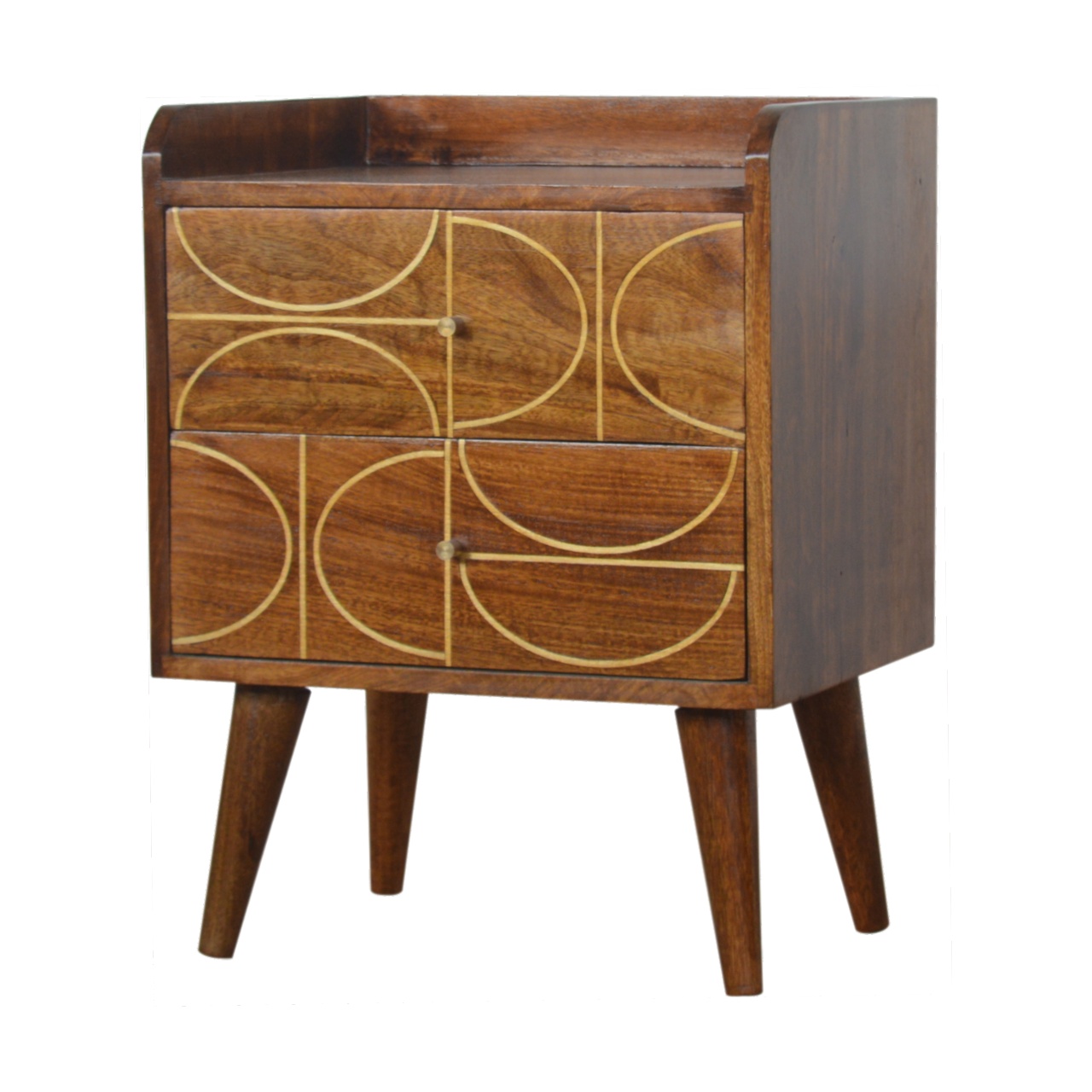 Solid Mango Wood Chestnut Finished 2 Drawer Inlay Abstract Bedside - Image 2