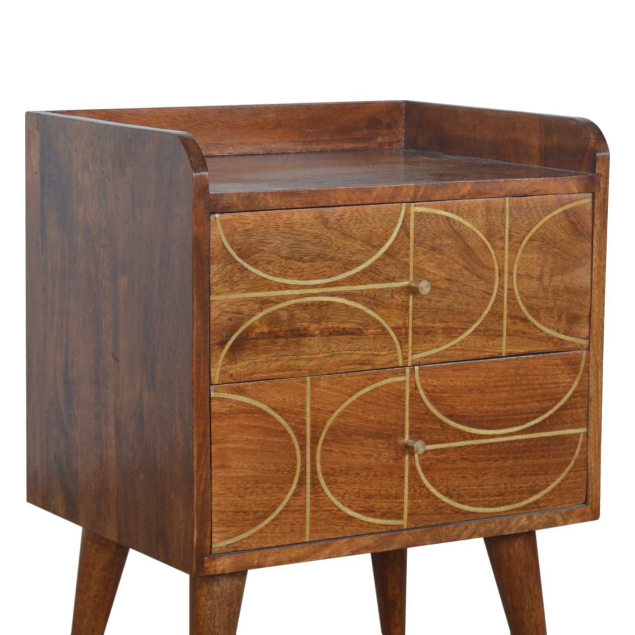 Solid Mango Wood Chestnut Finished 2 Drawer Inlay Abstract Bedside - Image 4