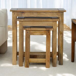 Solid Mango Wood Oak Finished Nest of Three Tables