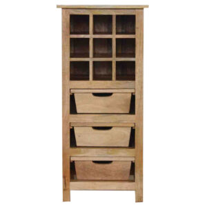 Solid Mango Wood Oak Finished 9 Bottle Wine Cabinet with 3 Drawer Storage