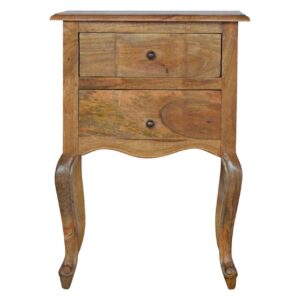 Solid Mango Wood Oak Finished 2 Drawer French Style Bedside with Cabriolet Style Legs