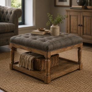 Solid Mango Wood Oak Finished Multi Coloured Tweed Stool with Shelf