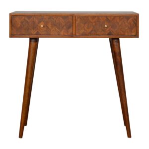 Solid Mango Wood Oak Finished Patterned Console Table