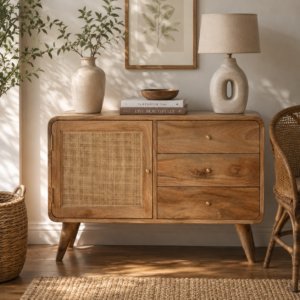 Solid Mango Wood Oak Finished 3 Drawer 1 Woven Front Door Sideboard