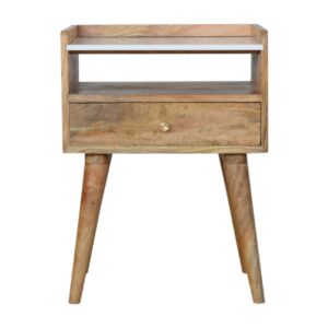 Solid Mango Wood Oak Finished 1 Drawer Open Slot Bedside with White Top