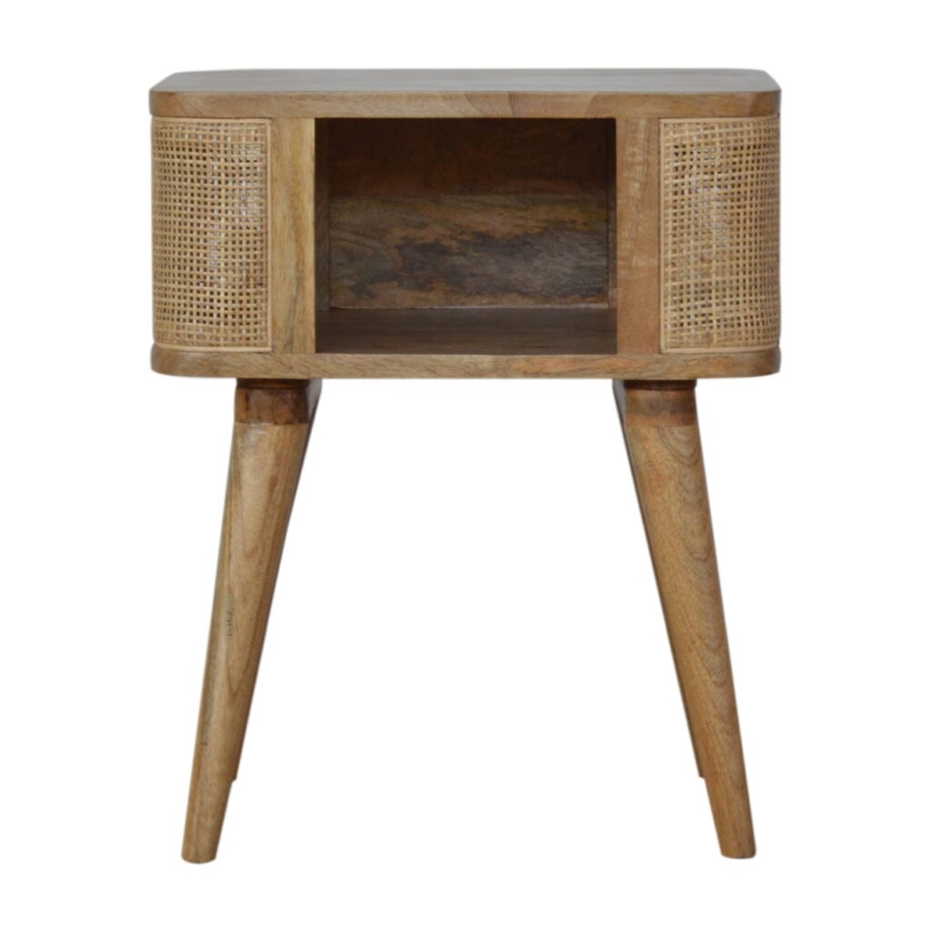 Solid Mango Wood Oak Finished Close-knit Rattan Open Slot Bedside