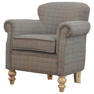 Solid Mango Wood Oak Finished Multi-Tweed Upholstered Armchair