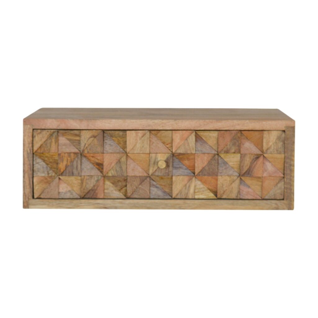 Solid Mango Wood Oak Finished 1 Drawer Floating Diamond Carved Bedside